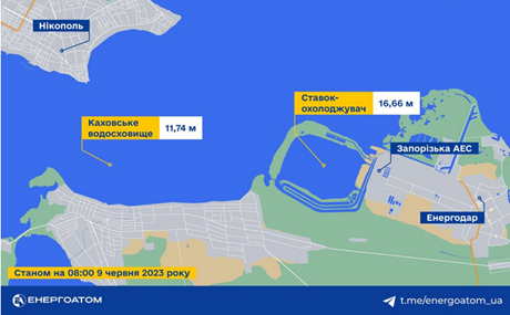 Kakhovka reservoir's levels on 9th June 2023.